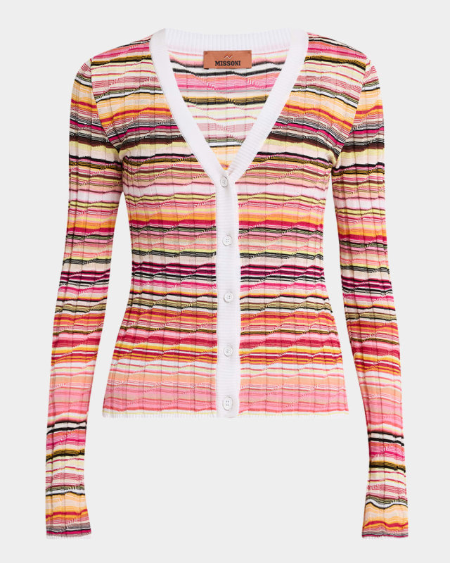 Striped Rib V-Neck Fitted Cardigan